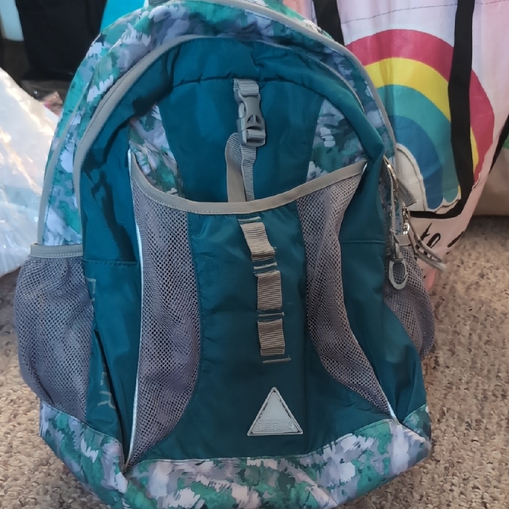 L.L. Bean Teal and Gray Backpack with Floral Design